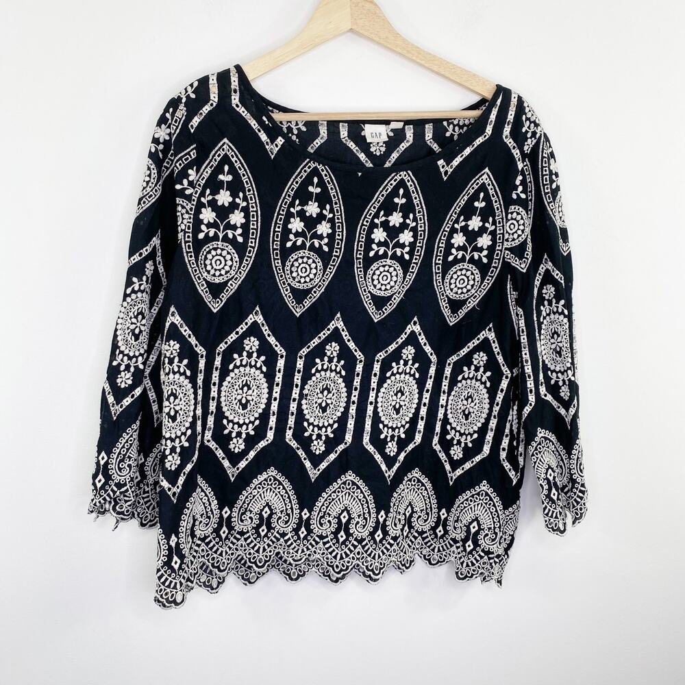 Gap Women Black White Embroidered Long Sleeve 100% Cotton Blouse Size Large L